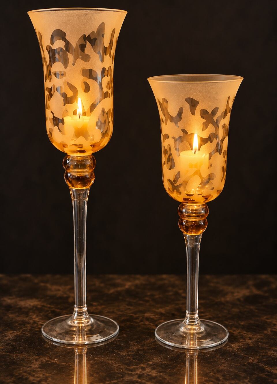 Michael Weems Style Etched Candle Holders Amber Hand Blown Set Of (2) 16โ & 13"